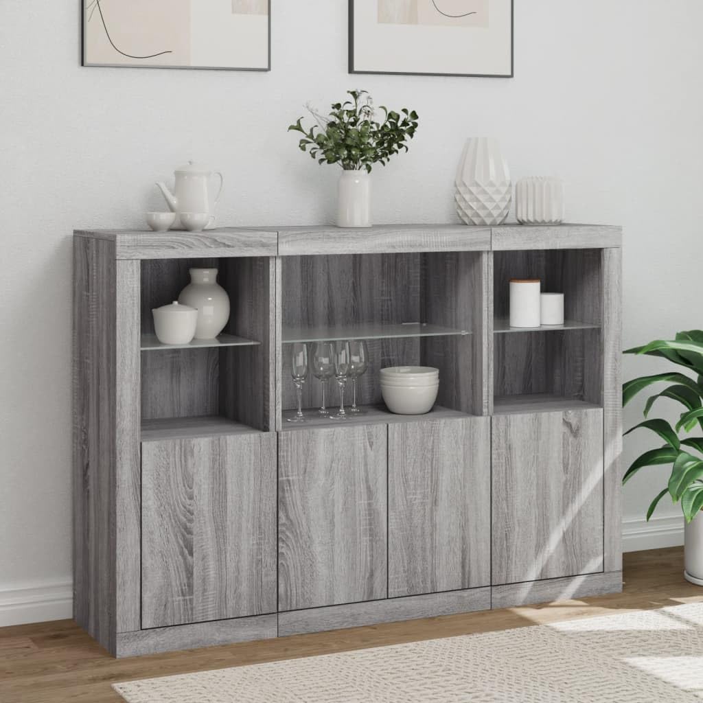 Les buffets gris avec éclairage LED RVB en bois offrent beaucoup d'espace de rangement et sont disponibles en lot de 3 avec lampes LED réglables