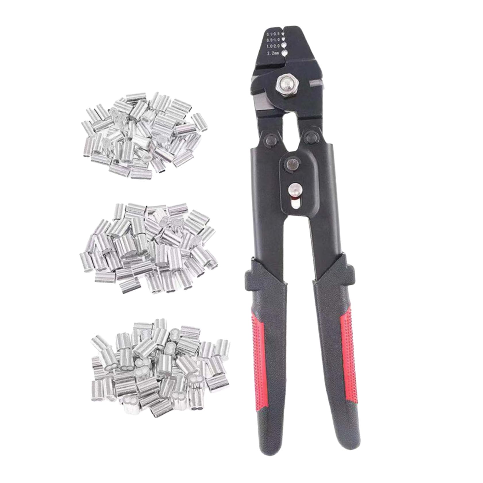 Sosoport Pinza Crimpatrice per Funi con Tubo Manicotto in Alluminio, Strumento Manuale con Impugnatura Antiscivolo e Blocco di Sicurezza, Kit con 180 Manicotti per Pesca e Cavi Metallici