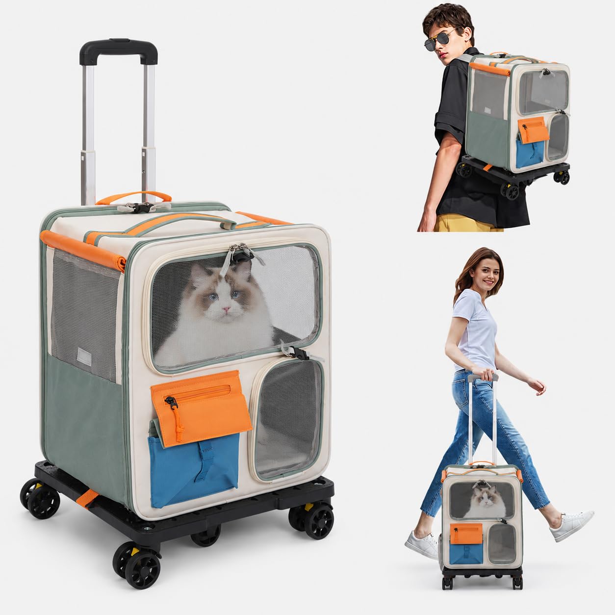 Zaino per animali domestici 2 in 1, con ruote, traspirante, per cani e gatti, con trolley trasparente, in tessuto Oxford con manico telescopico, fino a 12,5 kg