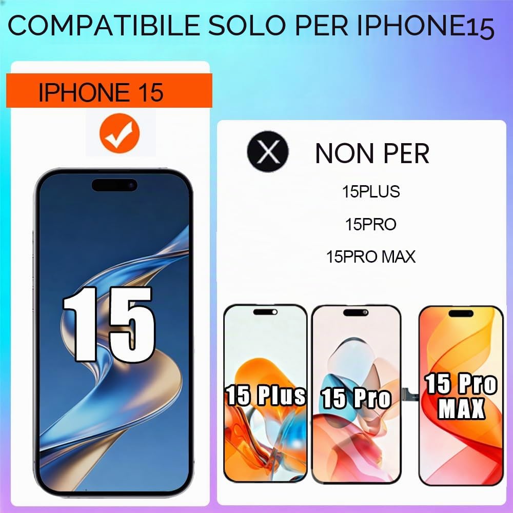 Display per iPhone 15 da 6,1" Schermo di Ricambio FHD Touch Screen 3D Touch Digitizer Assembly e Kit di Riparazione