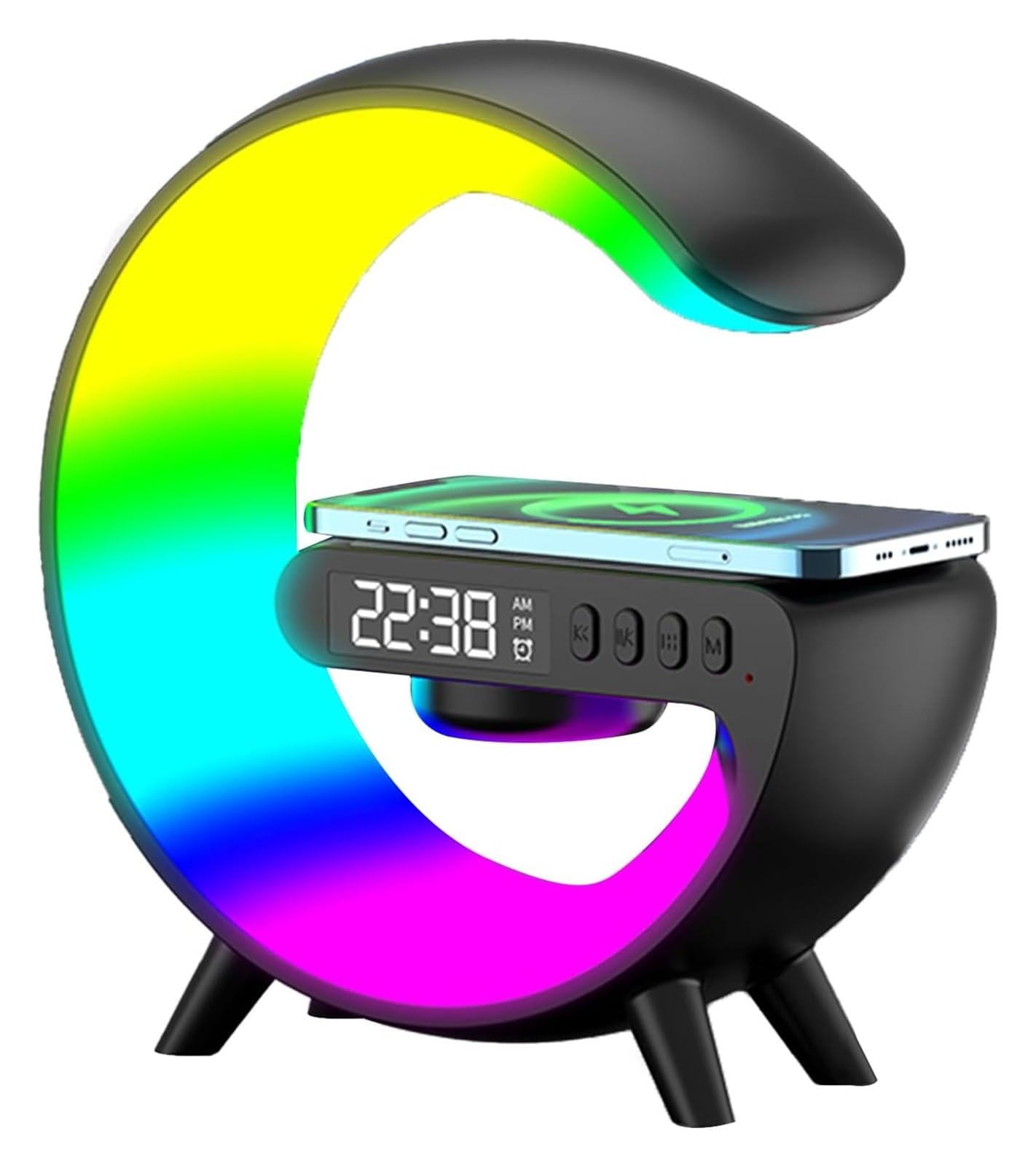 DengFen G-shaped Lamp Mobile Phone Charger, Bluetooth Speaker Wireless Charger, 10W Wireless Charging, Six Atmosphere Lamp Modes, Time Alarm Clock Charger Stand Home Bedside Lamp(Black)