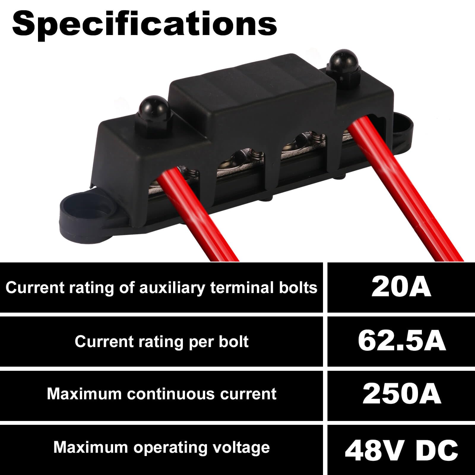 2 piezas 12V-48V DC Busbar bloque de distribución 250A BusBar con 4 x M8 pernos terminales, fácil de utilizar bloque de distribución de energía para RV Yate Barco (Negro Rojo)