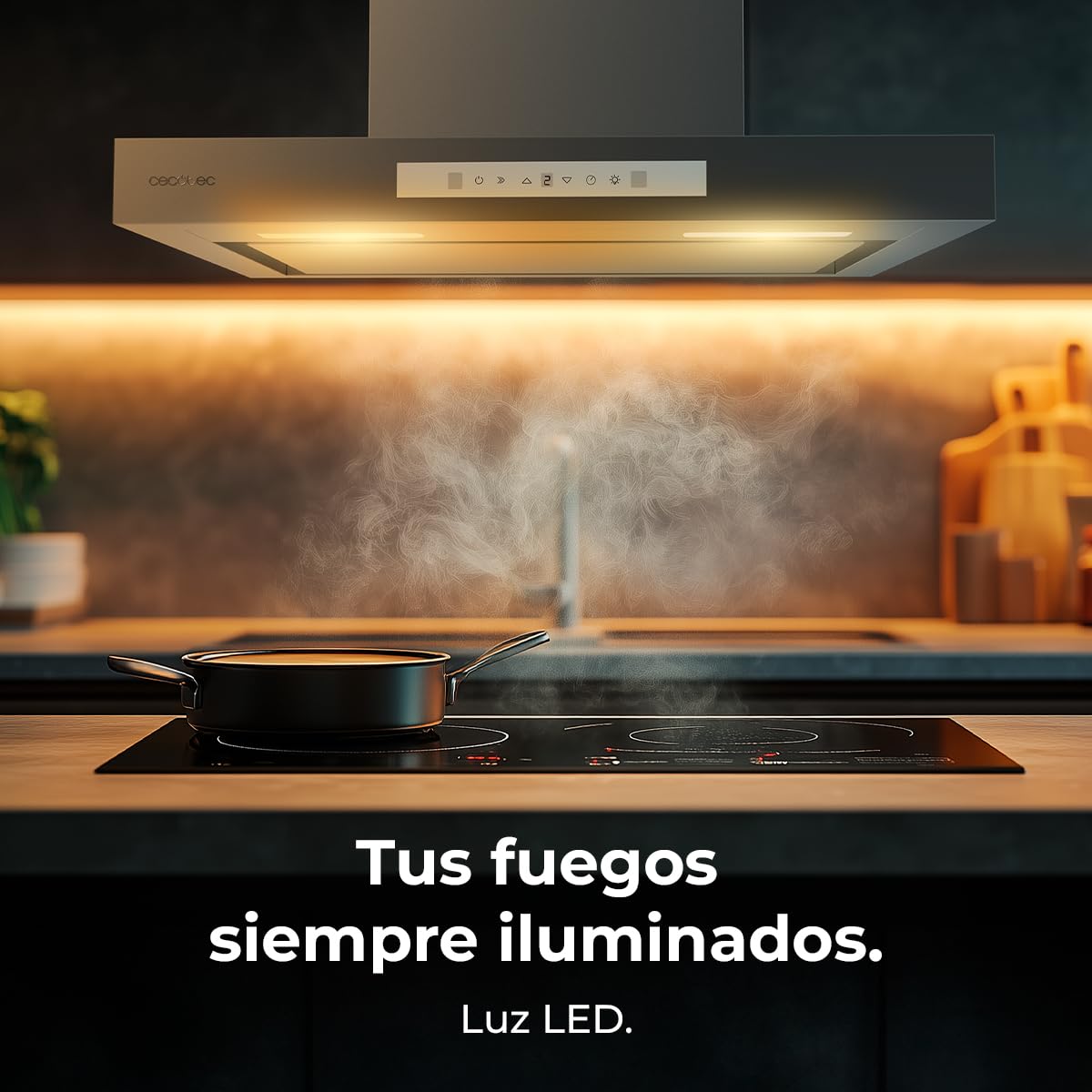 Cecotec Campana Extractora 60cm Tipo T Bolero Flux Tt 608000 Slim Glass White A++. Acabado Acero Inox Succión 800M3/H, Bajo Consumo, Display Táctil, Filtro Carbono, Hand Movement Control