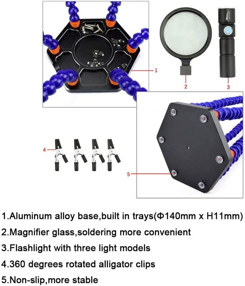 Magnifying Soldering Station Third Helping Hand Holder Multi Welding Tools 6 Flexible Arms (Color : As shown, Size : One size) (As shown One size)
