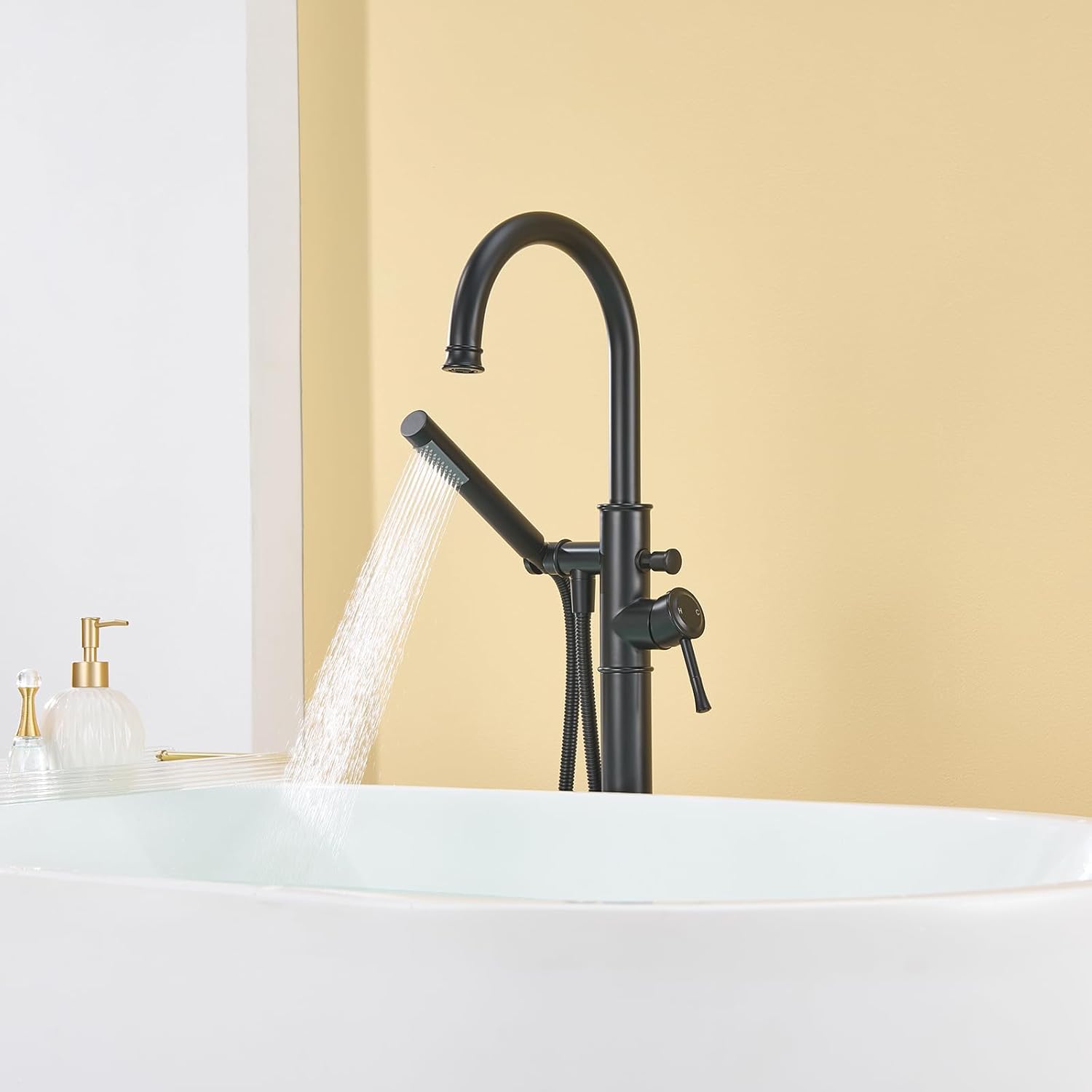 Free Standing Tub Faucet Black Freestanding Bathtub Faucet Floor Mount Brass Bathroom Tub Filler with Hand Shower - Image 6