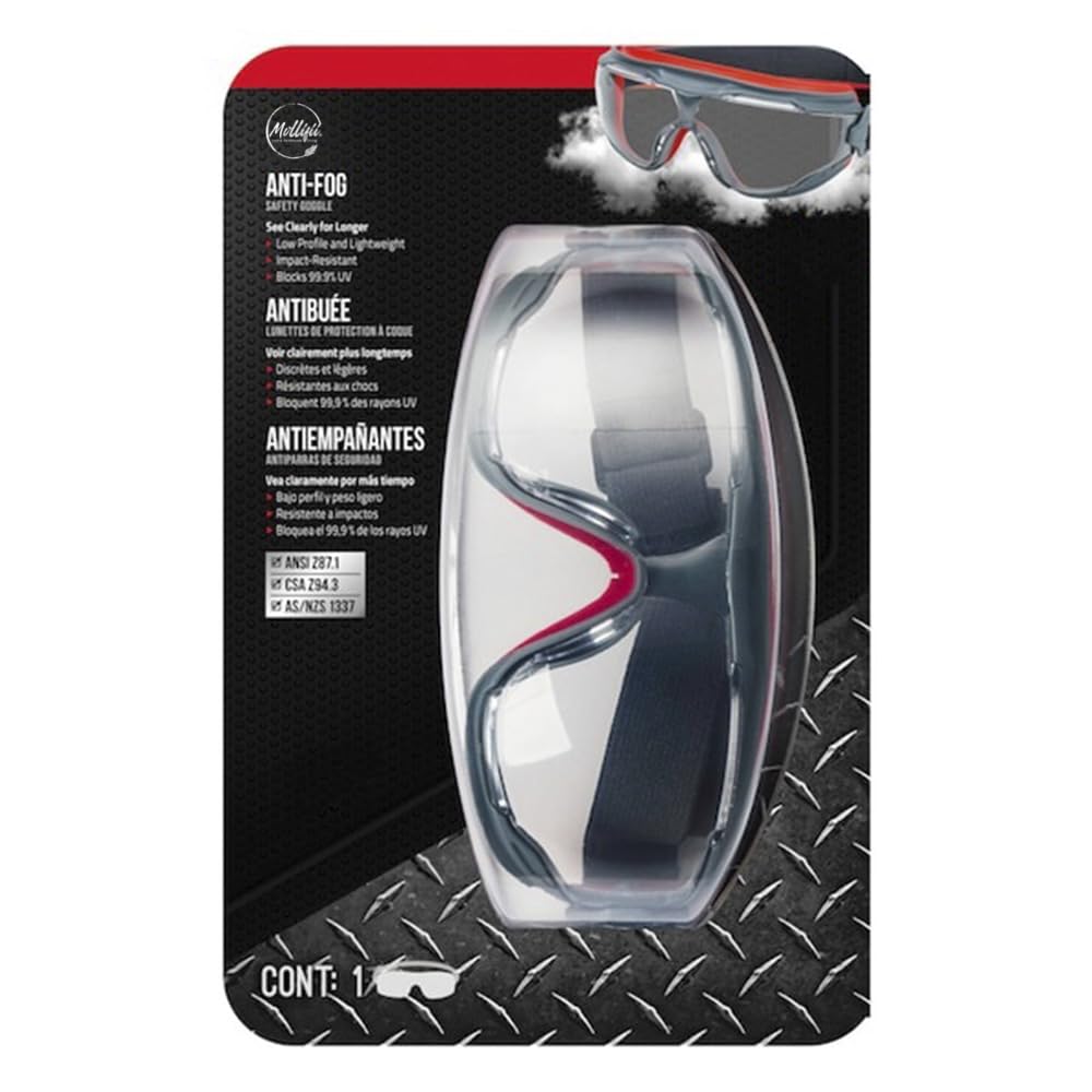 MOLLIFII Anti-Fog Modern/Sleek Safety Goggles Clear Lens Gray/Red Frame 1 pc, Mfr: 47212H1-VDC-A