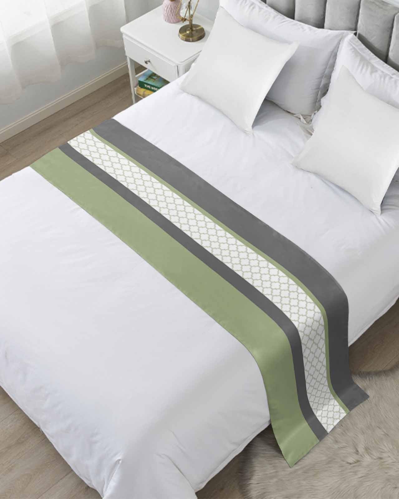 Twin Bed Runner Retro Geometric Morocco Pattern Bedding Runner Scarves Decorative Bed Scarf, Ombre Green Grey Stripes Soft Bedding Scarf for Bedroom Hotel Wedding 94x20in