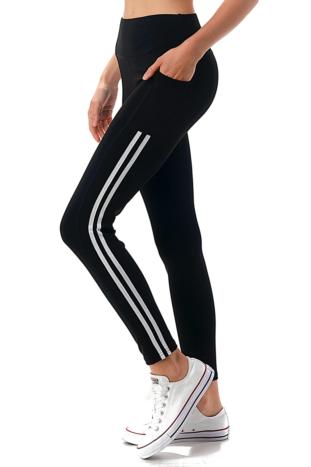 Jvini Women's High Waisted Sports Leggings with Tech Pockets - Striped Active Legging Pants Black Size XL