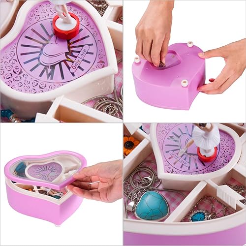 Vista 4 de Joyero musical para niñas con temática de bailarina Caja de música de bailarina giratoria en forma de corazón para aretes, collar, pulsera (rosa)