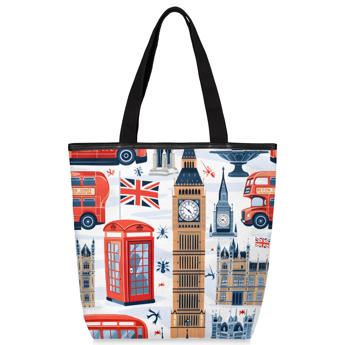 Mularoka Telephone Booth Bus Clock Tower Canvas Tote Bag with Zipper and Pockets Canvas Tote Shopping Bag Women Reusable Grocery Bag for Beach Travel Gym Shopping