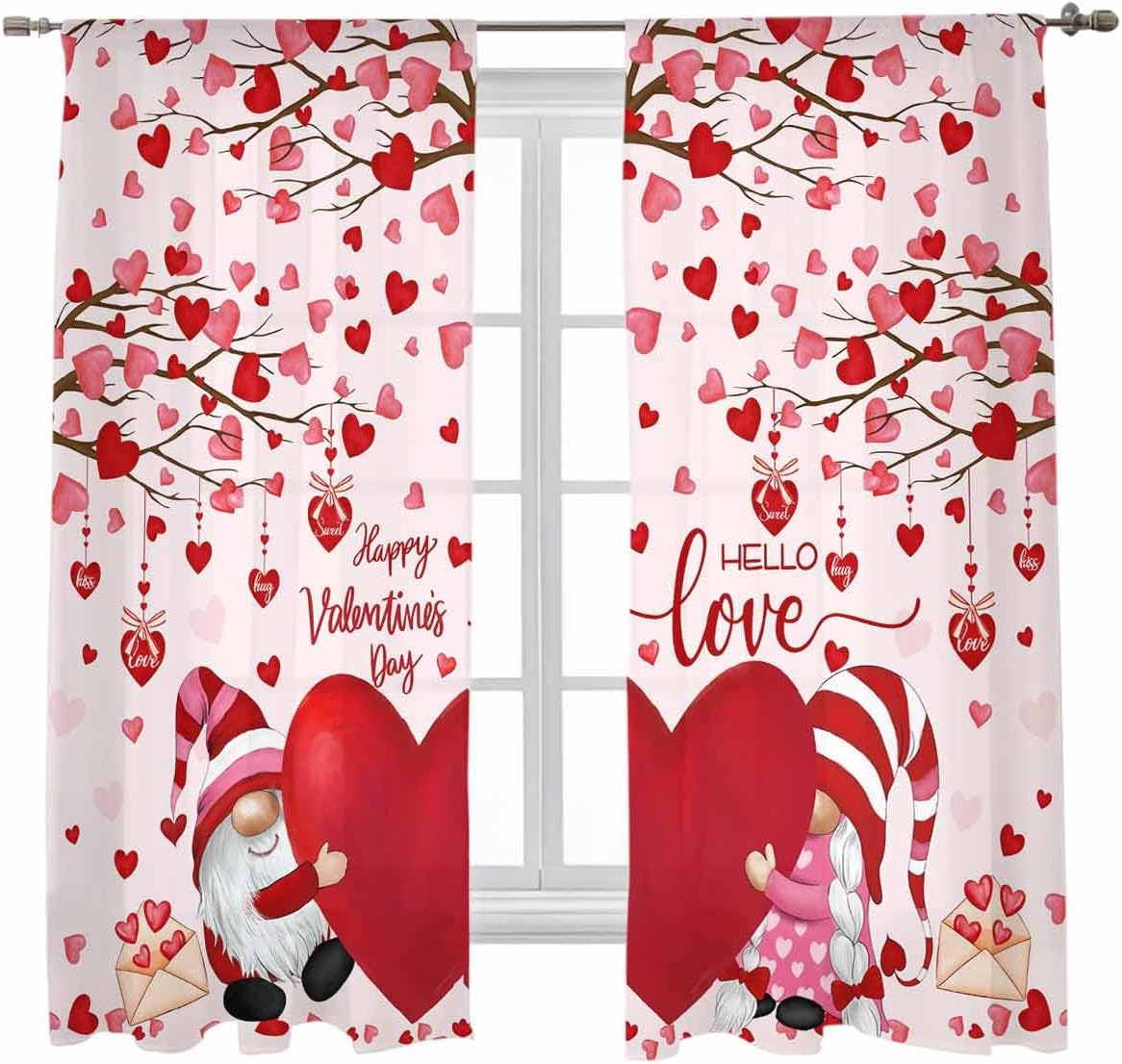 Happy Valentine's Day Sheer Curtain 72 Inch Length 2 Panels Gnomes Window Curtain Red Love Heart Tree Sheer Voile Curtains Pink Rod Pocket Window Treatment for Kitchen Living Room