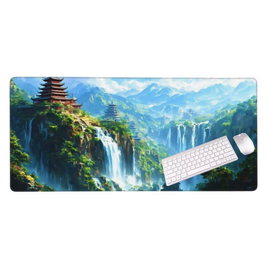 Alfombrilla de ratón 1400x600x3 MM, Alfombrilla Ratón XXL Extendida de Gran Tamaño con Bordes Cosidos, Base de Goma Antideslizante Almohadilla para Teclado, Cascada de montaña S-10829