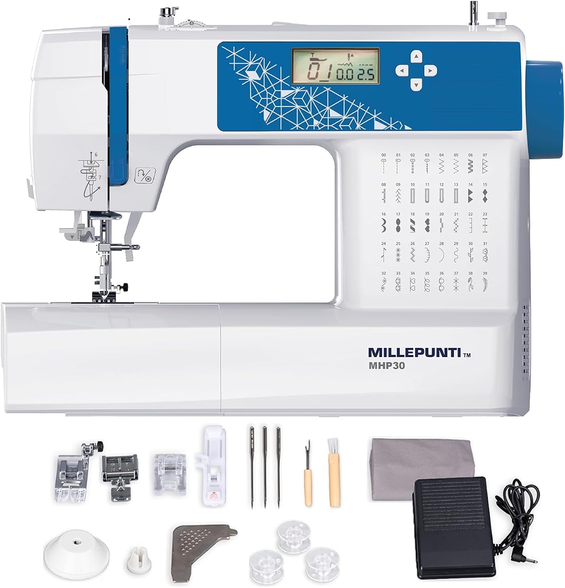 MILLEPUNTI MHP30 Electronic Sewing Machine, LCD Display, Auto Threader | Computerized sewing machine with 40 built-in stitches & accessory kit, ideal for beginners, adults & seniors