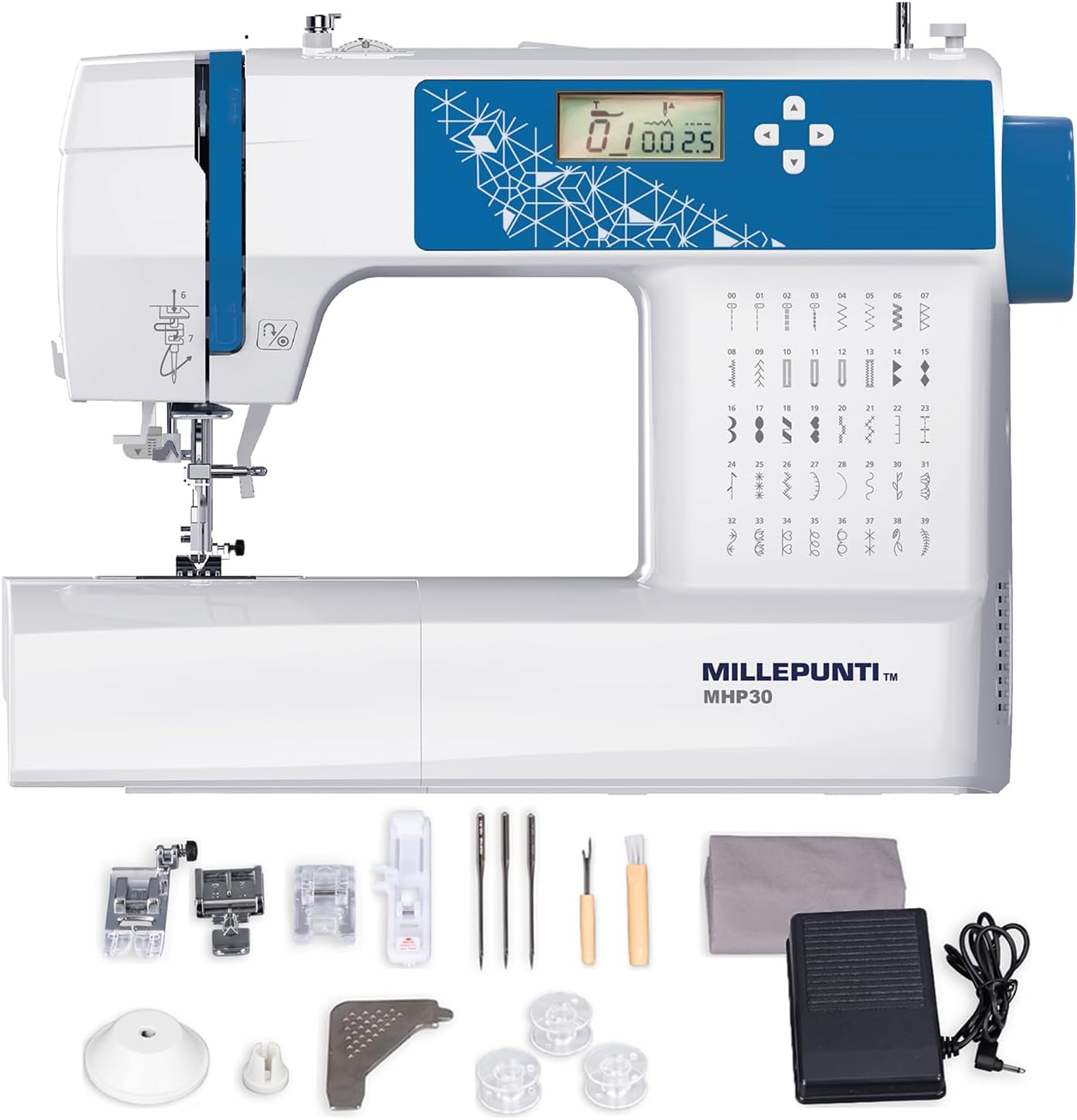 MILLEPUNTI MHP30 Electronic Sewing Machine, Big LCD Display, 40 Built-in Stitches, Accessory Kit, Automatic Needle Threader, Computerized Sewing Machine for Beginners, Seniors, Adults