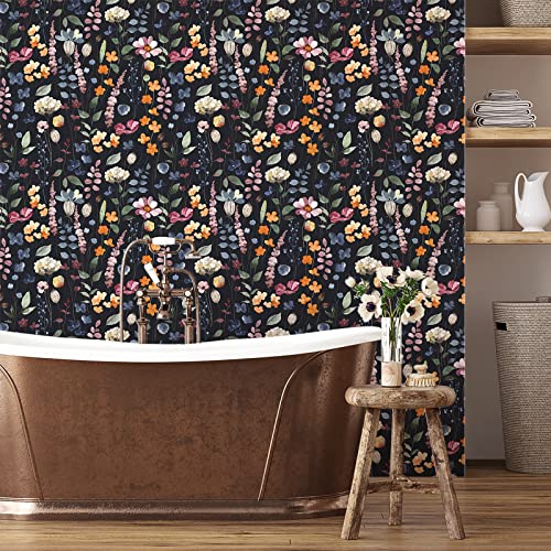 Veelike 17.7''X118'' Dark Pressed Flowers Floral Wallpaper Vintage Floral Peel And Stick Wallpaper For Bathroom Removable Wallpaper Decorative Contact Paper Mural For Bedroom Walls Cabinets Shelves #TOP4