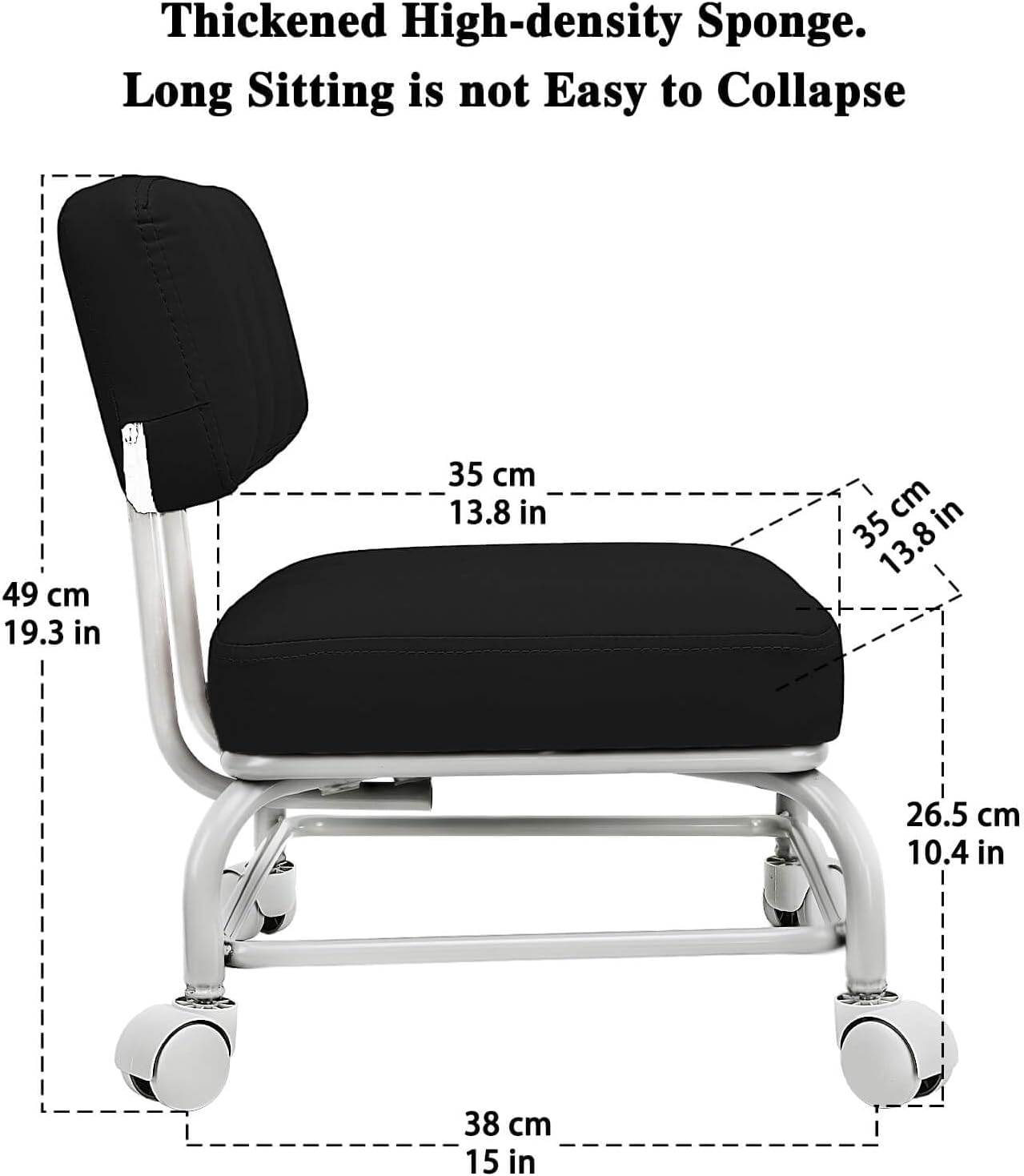 Rolling Stool with Back Rest Roller Chair Heavy Duty Rolling Stools with Wheels for Home Office Garage Mechanic Flooring Cleaning Shop Black