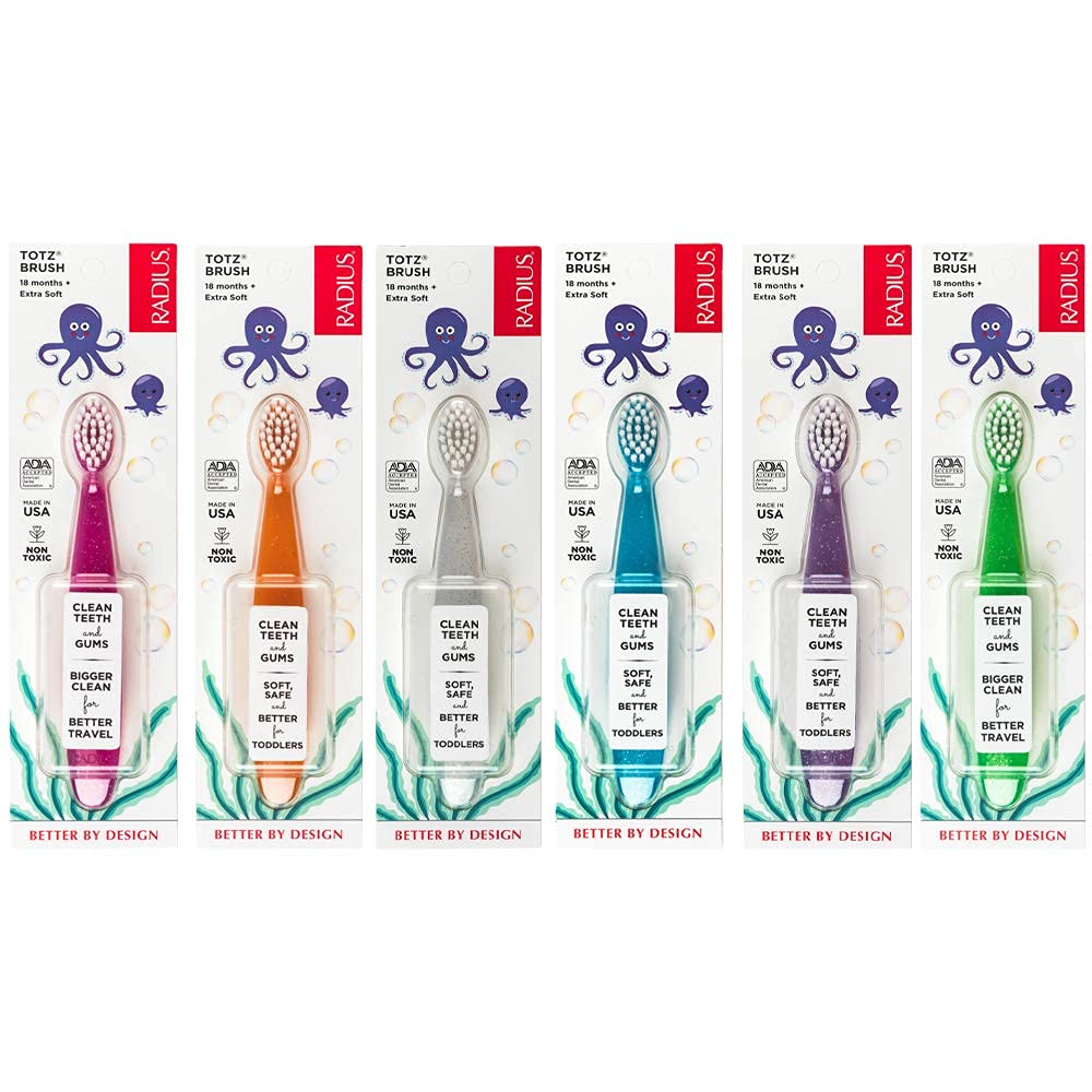 RADIUS Children's Toothbrush, Totz Brush, Extra Soft Bristles, Assorted Colors, BPA Free & ADA Accepted, Designed for Delicate Teeth & Gums for Children 18 Months & Up, Pack of 6