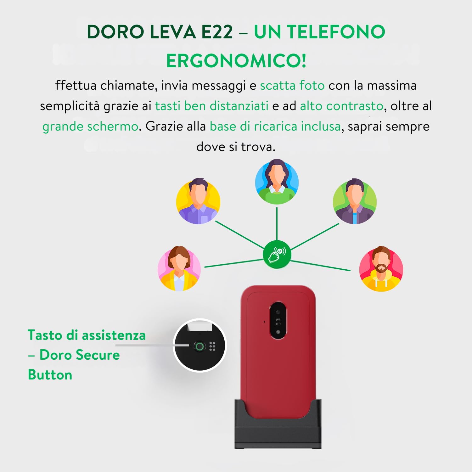 Doro Leva E22, Cellulare per Anziani 4G a Conchiglia, Schermo Grande 2.8", Tasti Grandi, Audio Chiaro, Fotocamera, Tasto SOS, Nero/Bianco