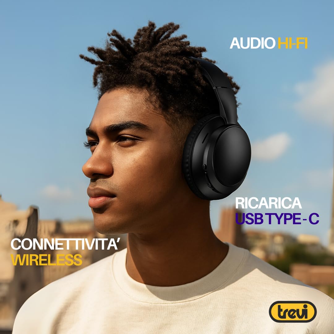Trevi DJ 12E35 BT Cuffie Wireless Over Ear, Stereo HiFi con Microfono, 8h Autonomia, Comandi su Padiglione, Pieghevoli e Leggere, Compatibili con iOS e Android, per Viaggio, PC, Telefono e Ufficio