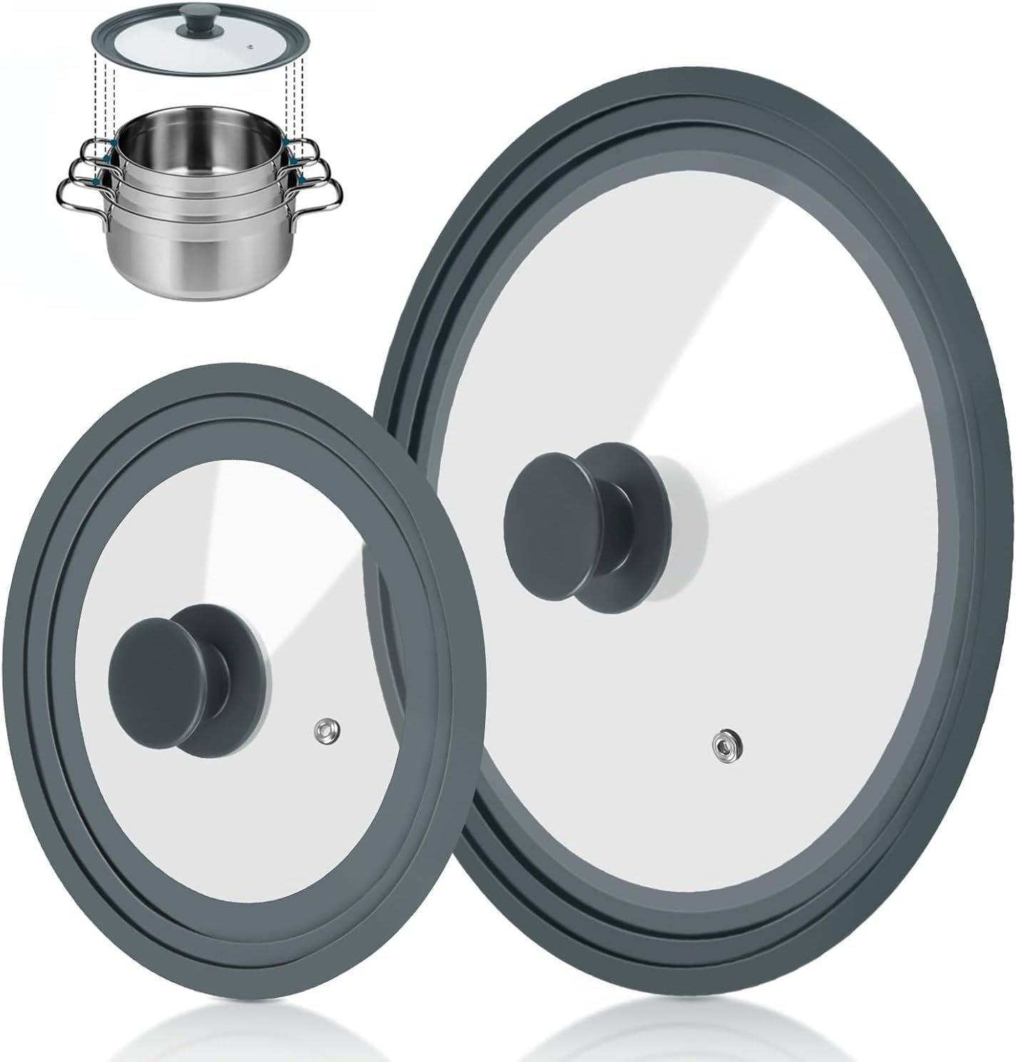 – 2 Pack Universal Lid for Pots Pans, Anti-scalding Pot Lid, Pan Cover Fit 7", 8", 9" & 10", 11", 12" Diameter Cookware, Replacement Pans Lid with Tempered Glass and Heat Resistant Silicone Rim (Grey)