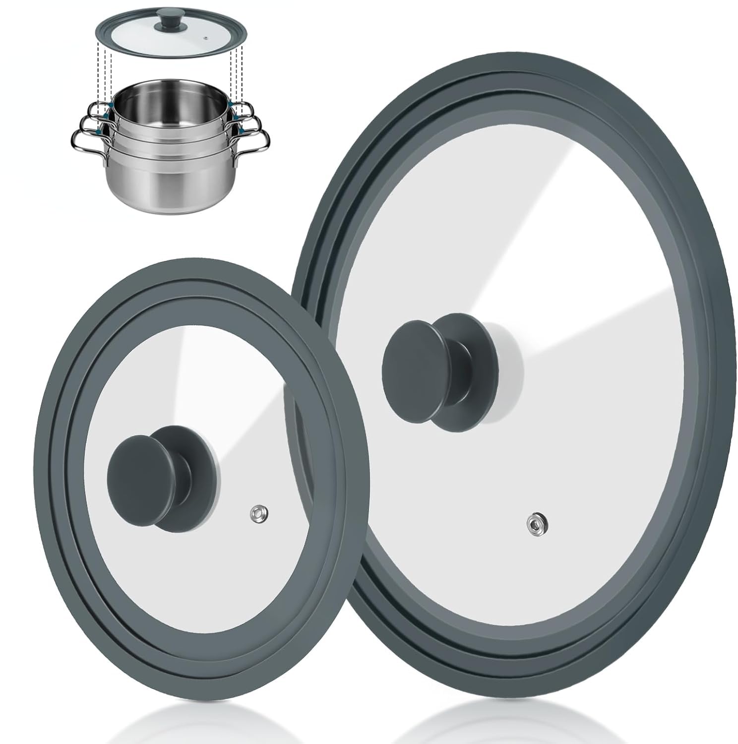 2 Pack Universal Lid for Pots Pans, Anti-scalding Pot Lid, Pan Cover Fit 7", 8", 9" & 10", 11", 12" Diameter Cookware, Replacement Pans Lid with Tempered Glass and Heat Resistant Silicone Rim (Grey)