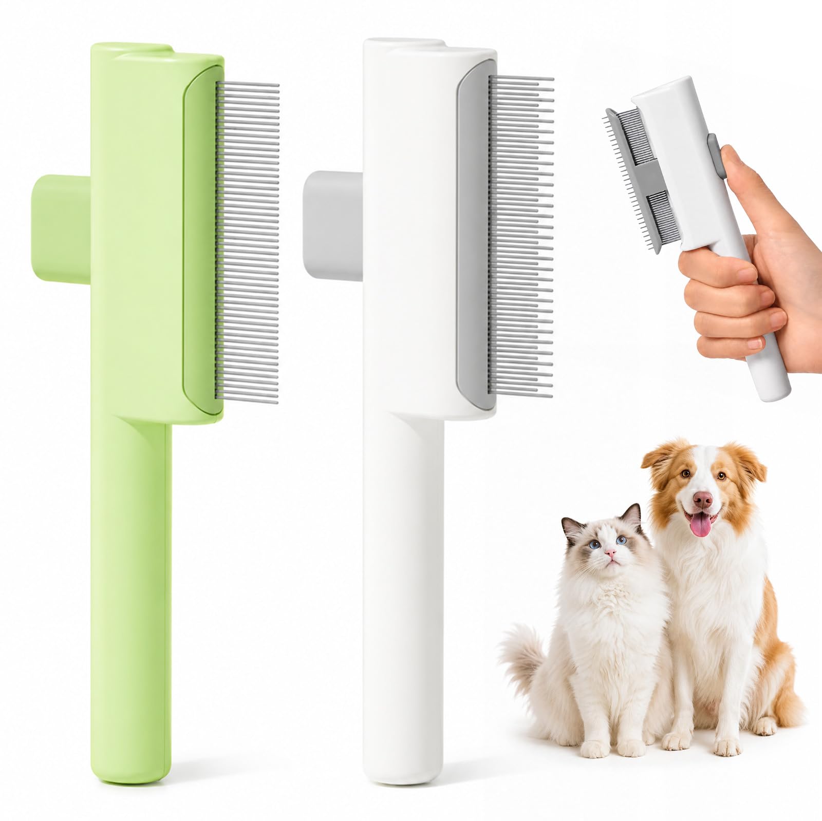 2 Pack Flea Comb for Cats and Dogs with Release Button, White and Green