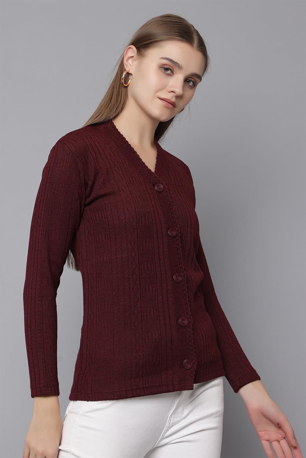 HIFZAA Wool Sweater Cardigan For Women Winter Sweaters For Ladies Plus Size Wine-Xl, V-Neck - Image 3 thumbnail