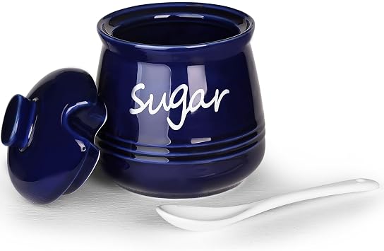 12oz Sugar Bowl with Lid and Spoon,Ceramic Sugar Jar Sugar Dispenser Sugar Container Coffee Bar Accessories, Kitchen Countertop Canisters, Navy