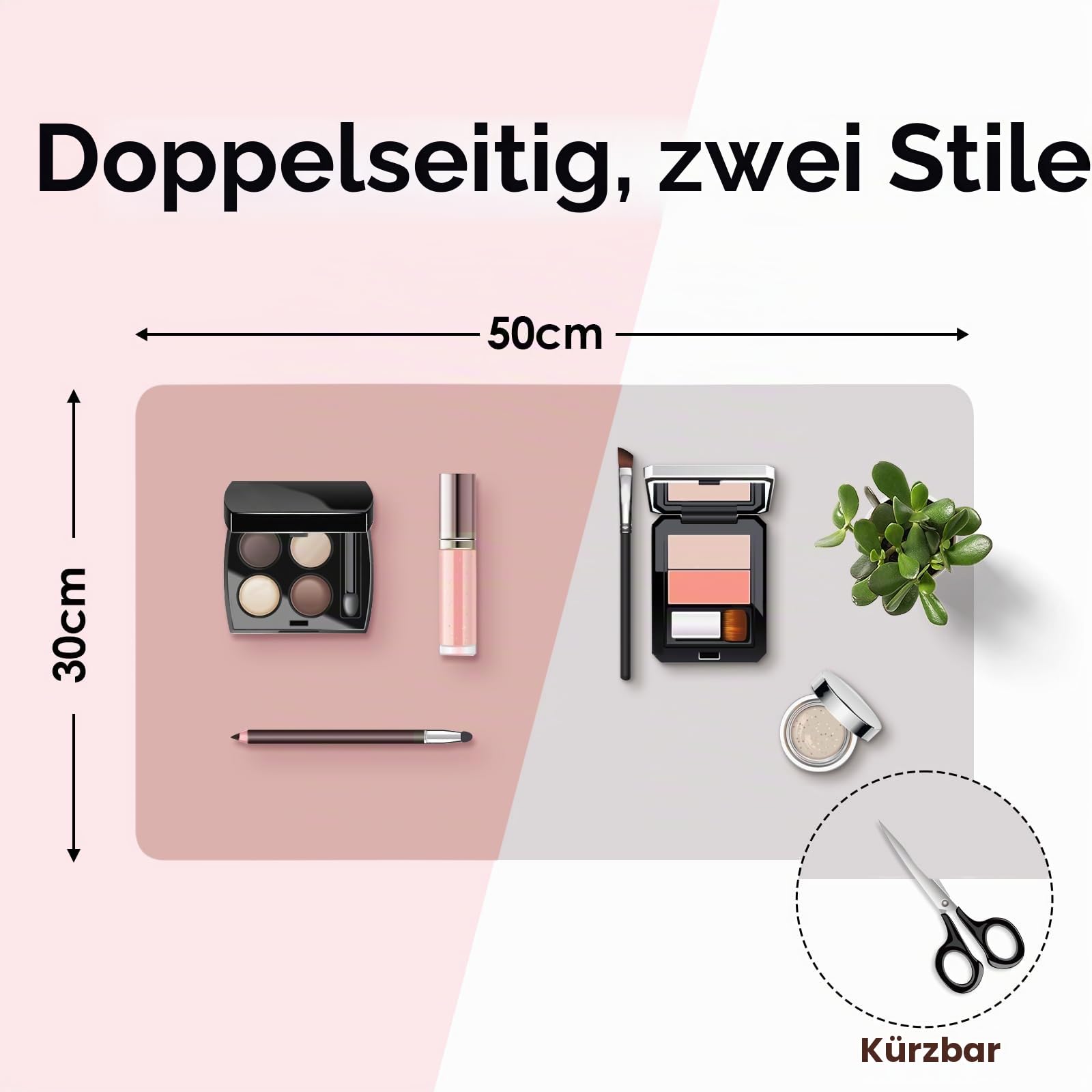 Schminktisch Unterlage, 50x30cm Make-up-Unterlage aus Leder für den Schminktisch, doppelseitig, wasser- und ölabweisend Schminktisch Zubehör (Rosa und Silber)