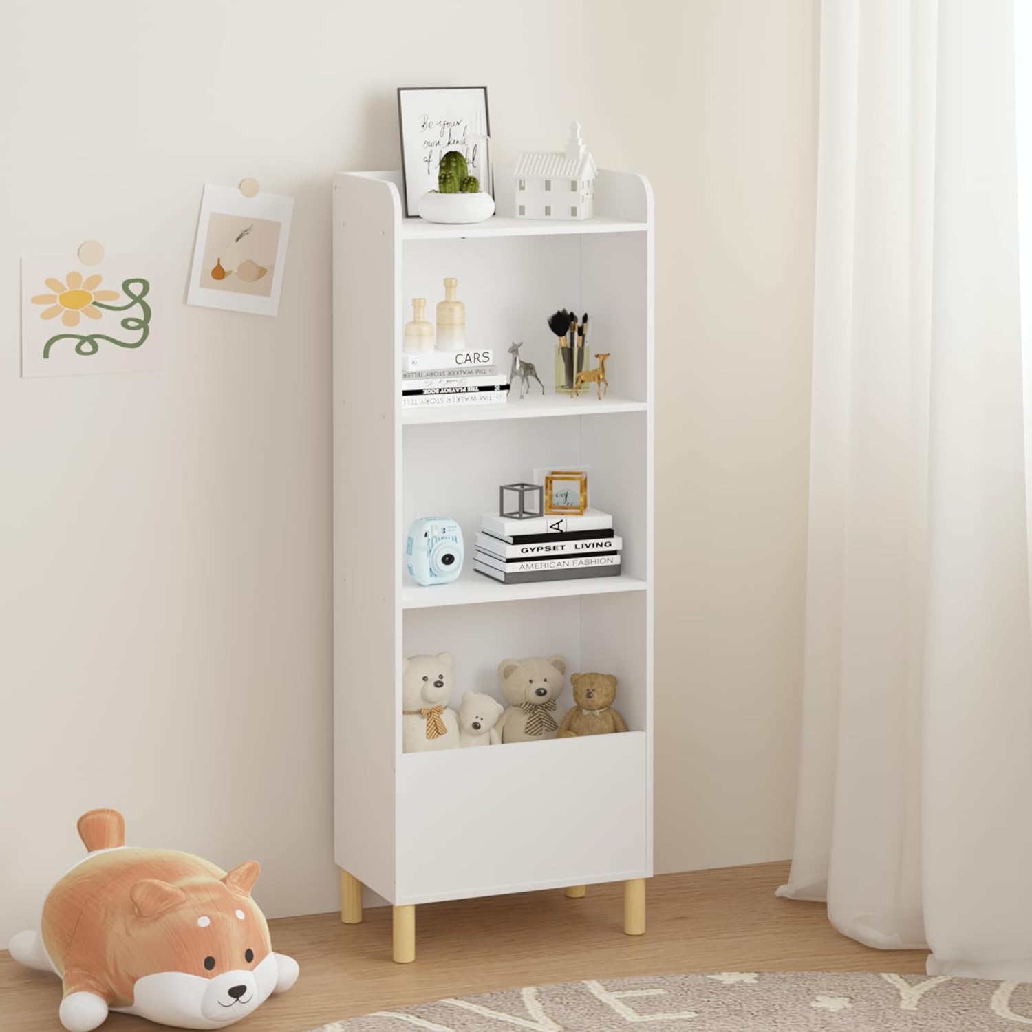 18" High-Density MDF&Pine Display Cabinet, Display Case with 4-Tier Storage, Curio Cabinet with Safety Buckle for Living Room, White