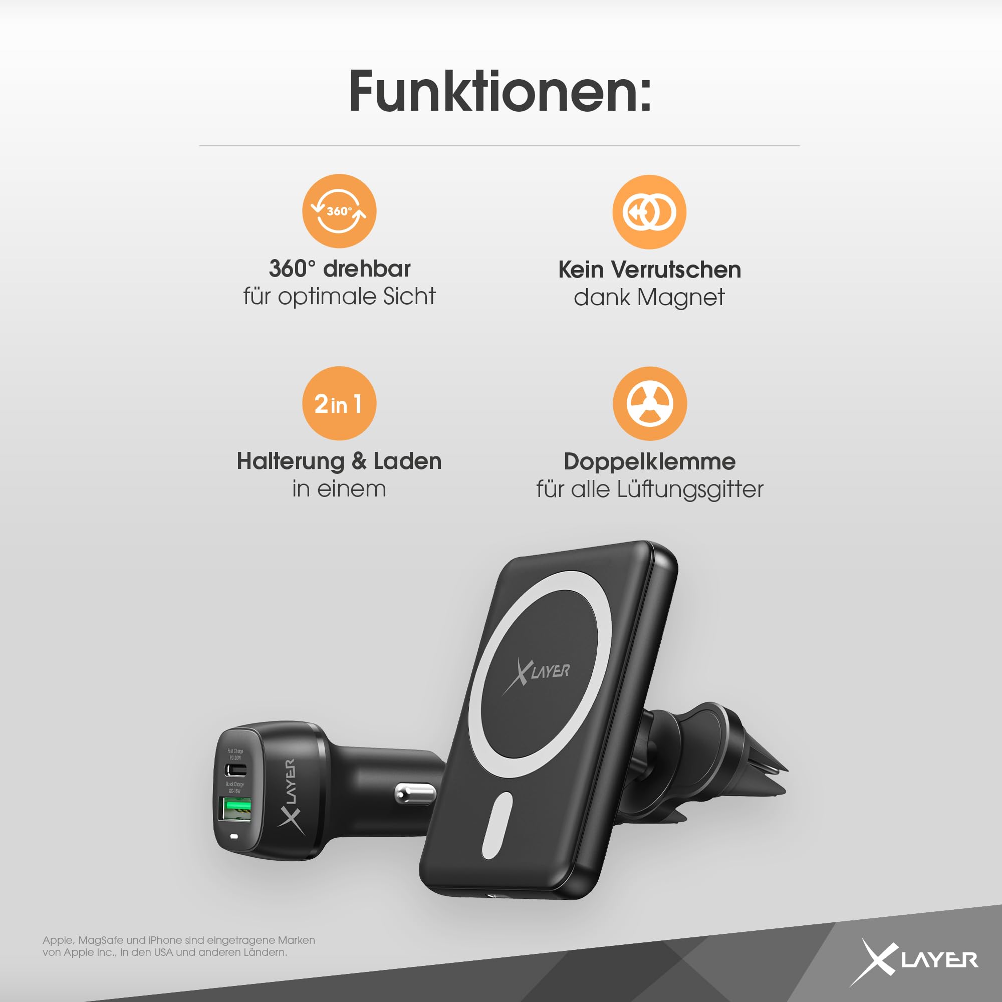 XLayer MagFix Pro KFZ Handyhalter Ladestation | Magsafe Autohalterung Set 4 Teilig mit USB-C Kabel | Standby | Fast Charging | Apple iPhone 16/15/14/13/12/X/XR | Magnetisch | Induktiv | Wireless