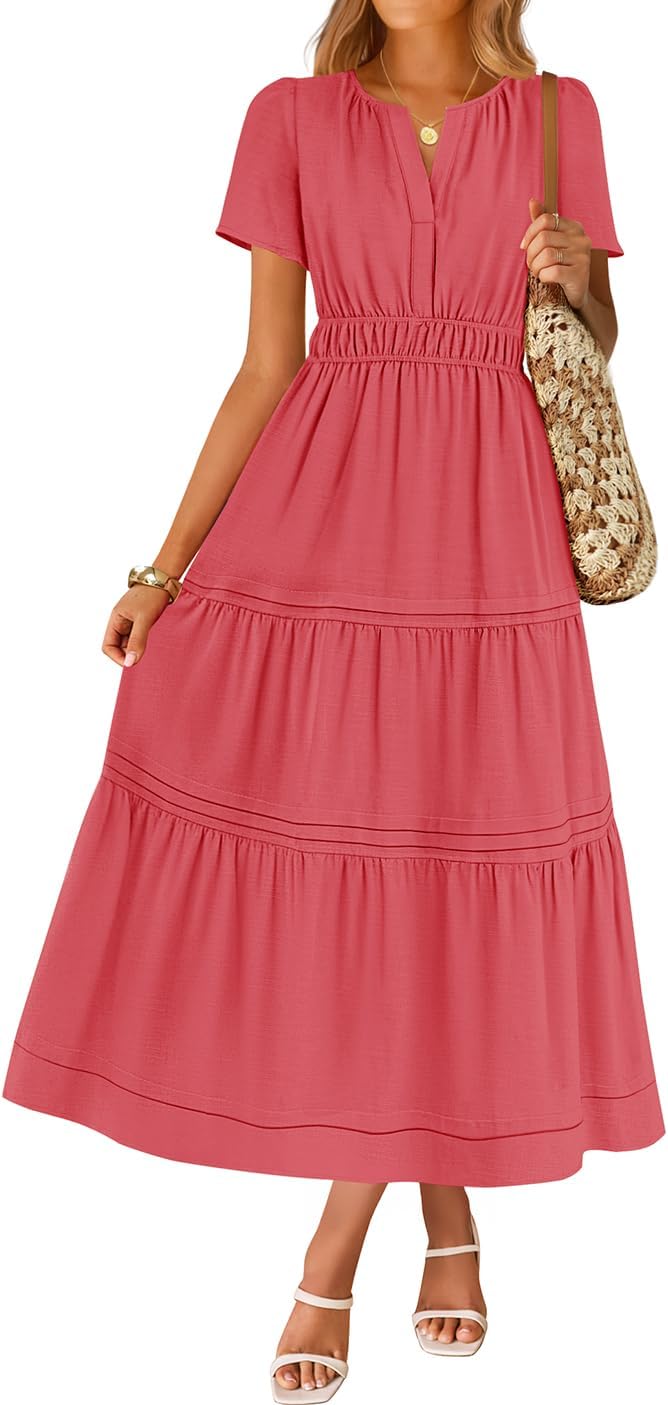 ZESICA Women's Summer Casual Short Sleeve Midi Dresses 2026 V Neck Elastic Waist Tiered Flowy Boho Dress with Pocket