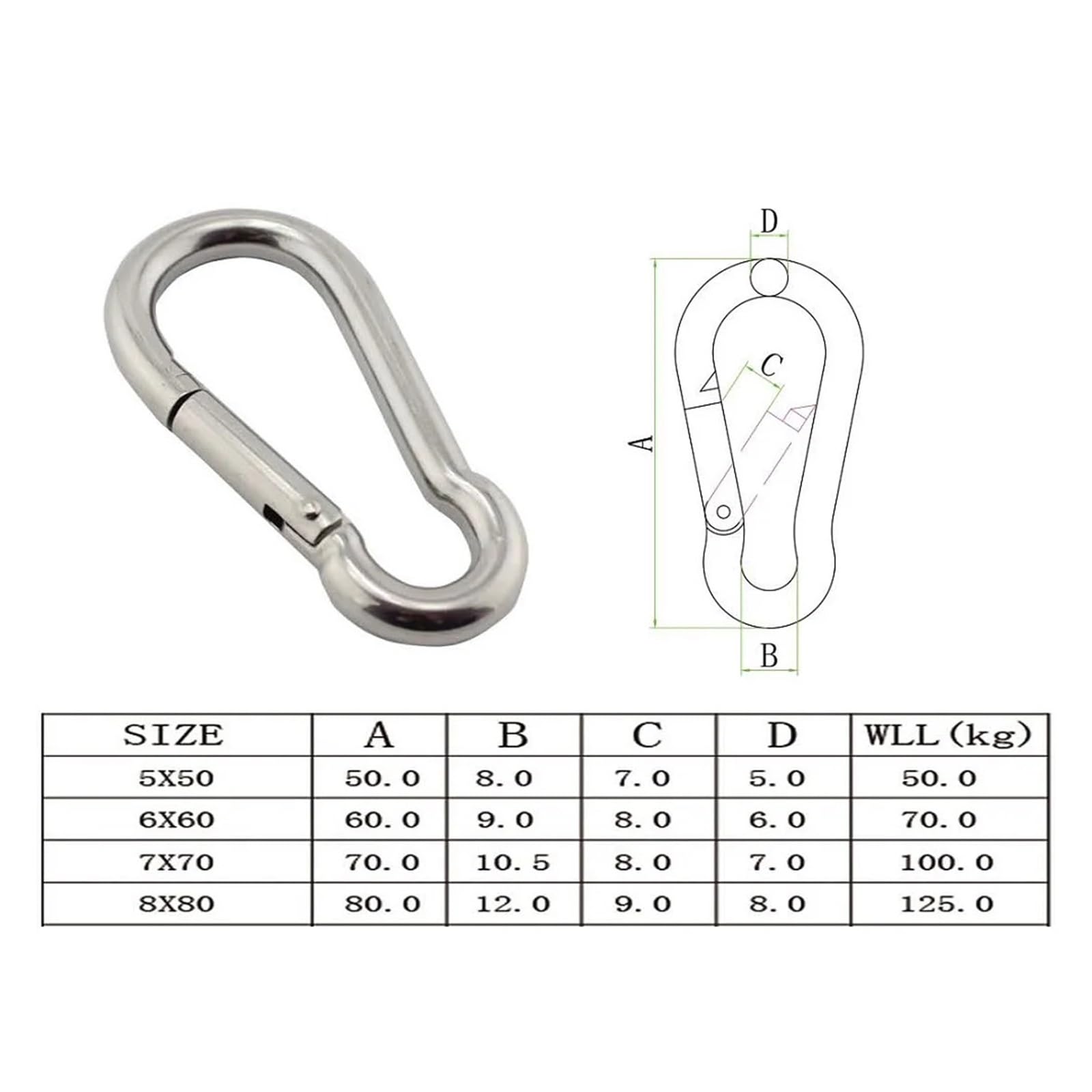 Deportes acuáticos Gancho mosquetón Plateado de Acero Inoxidable Marino, 50mm, 60mm, 70mm, 80mm de Longitud, Gancho mosquetón Grande y Resistente, 10 Uds. Accesorios de Vela(7X70mm)