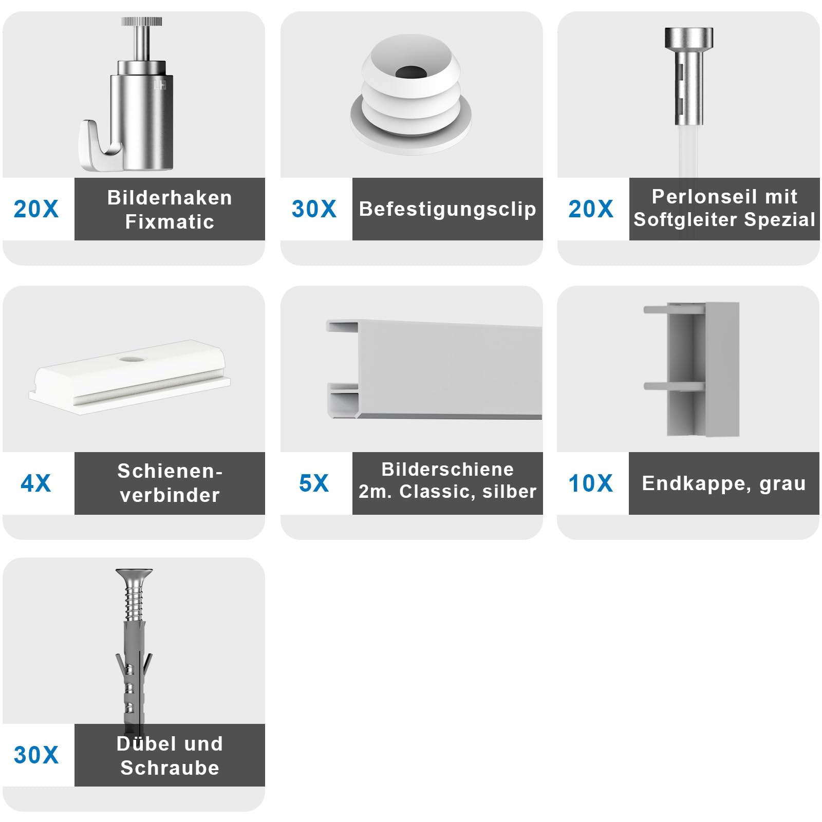 Bilderschienen Galerieschienen Bilderleiste Premium Pro Komplett-Set 10m, silber