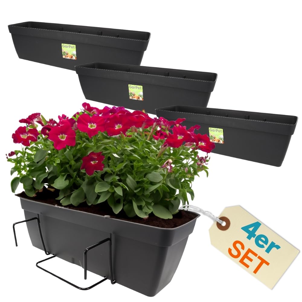 GarPet 4er Set Blumenkasten Balkongeländer Balkon Blumenkasten Balkonkasten mit Halterung Balkonkasten Geländerkästen mit Wasserspeicher 50 cm