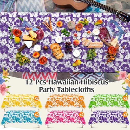 Image of Nitial 12 Pcs Hawaiian Hibiscus Party Tablecloths Plastic Disposable Luau Table Covers for Tropical Luau Bar Party Supplies Summer Beach Pool Birthday Decorations, 108 x 54 Inch