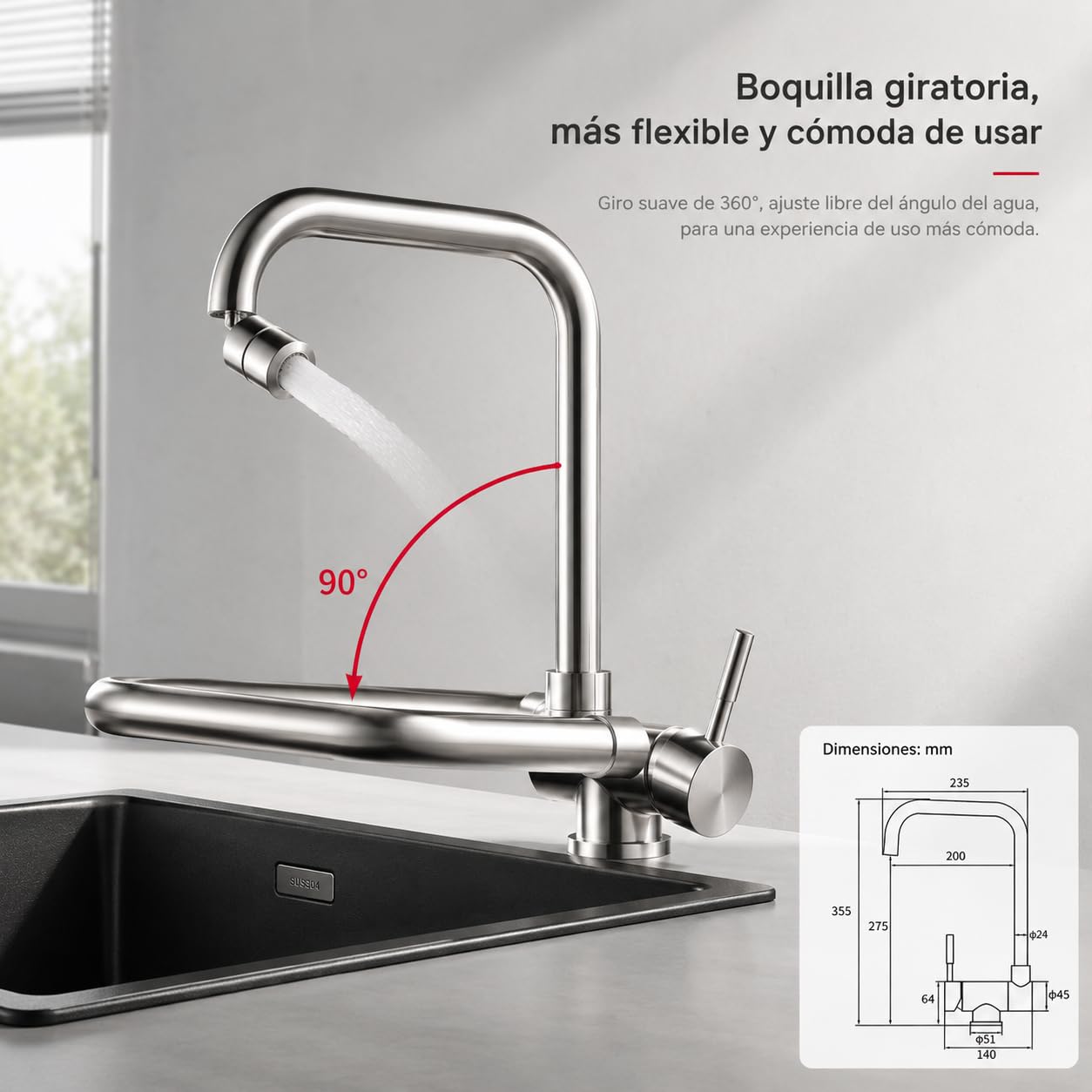 Grifo de Cocina Abatible Bajo Ventana, Triple Rotación (360° Frontal y Lateral + Boquilla Inclinable), Acero Inoxidable 304 Reforzado Anticorrosión (Inox cepillado)