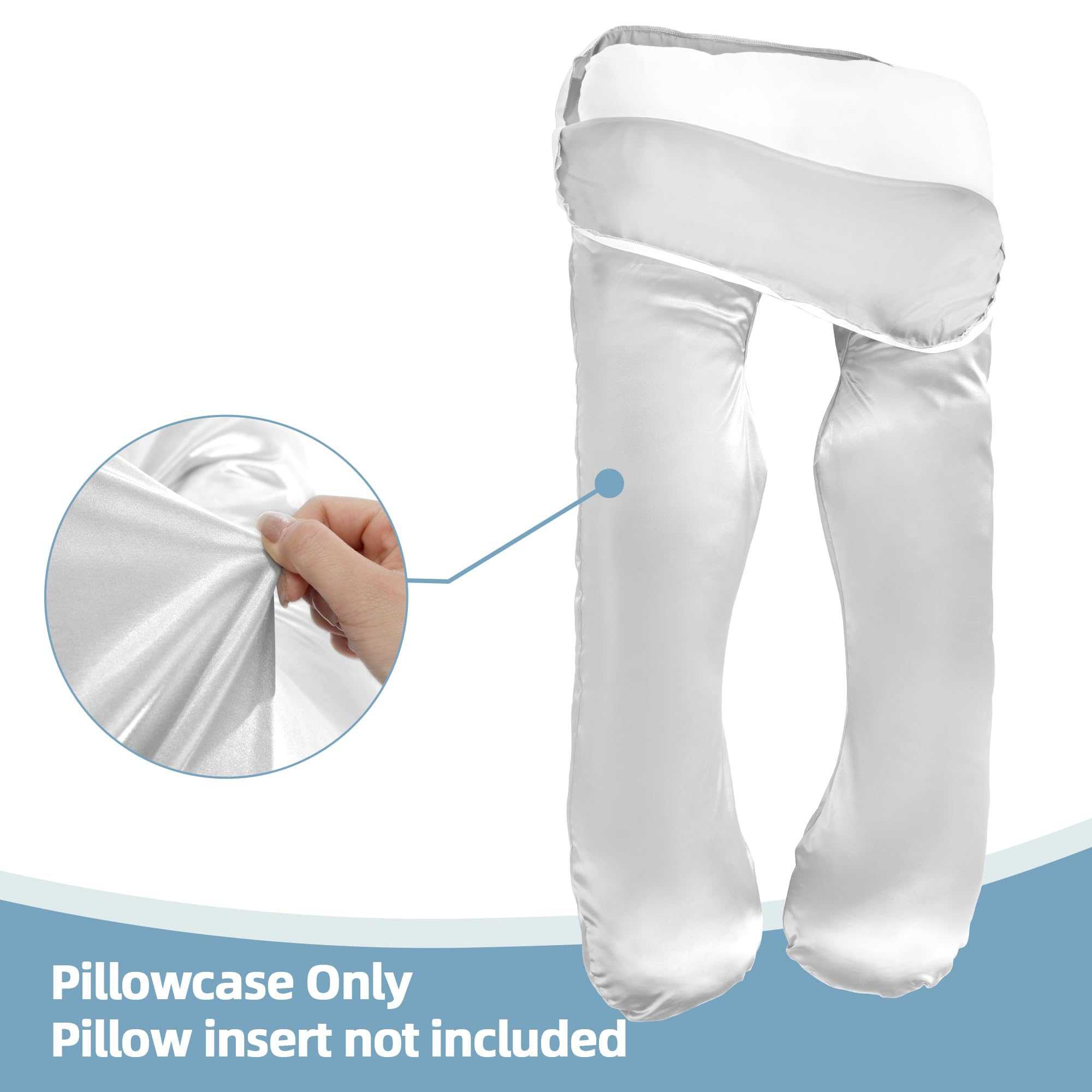 BALAPET Silky Satin Pregnancy Pillow Cover (ONLY Pillowcase), U Shaped Luxurious Smooth Maternity Pillow Cover, Soft & Breathable Large Pillow Protector with Hidden Zip for Side Sleeper, White
