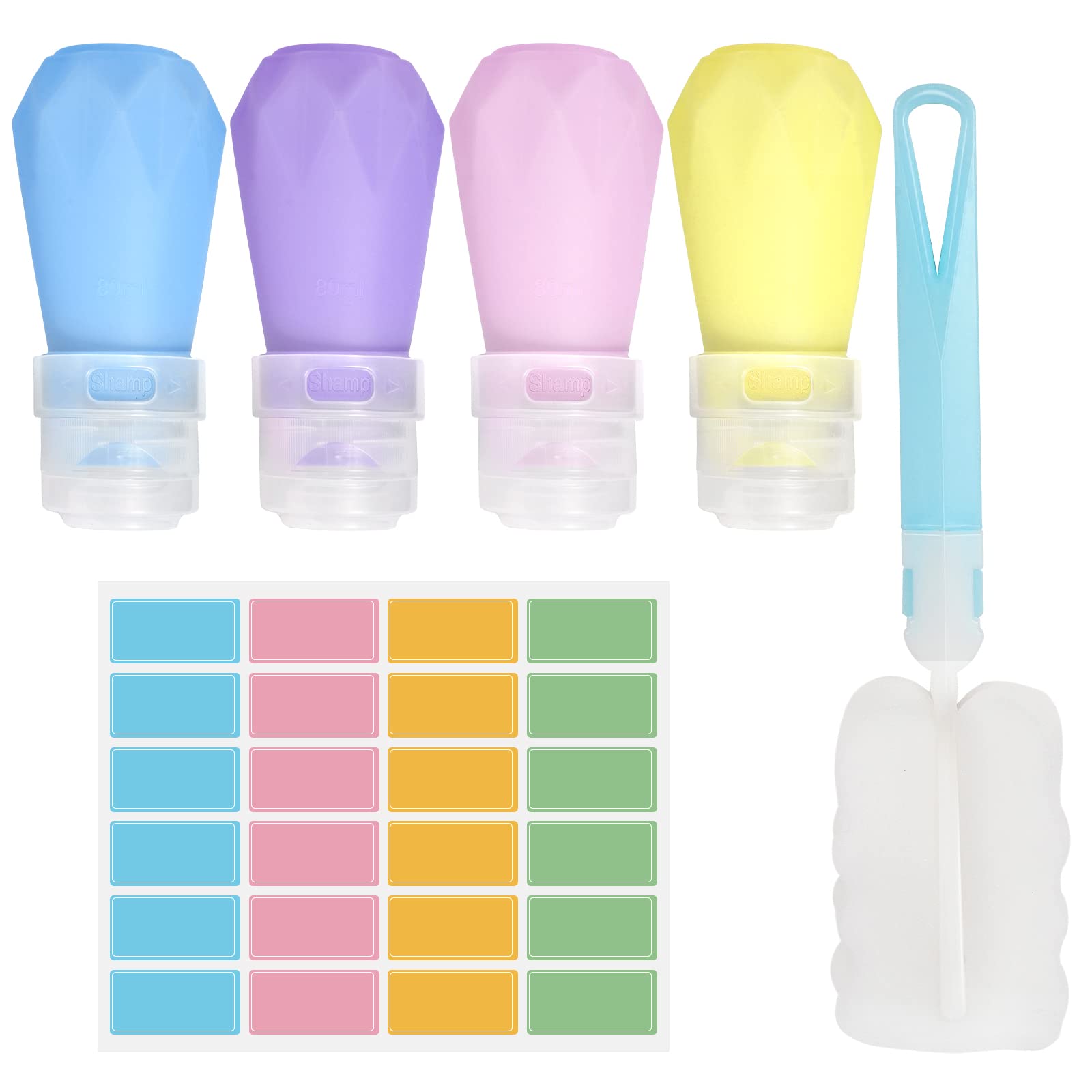 Sandiyago 4PCS 80ml Travel Bottles Set for Toiletries BPA Free Leak Proof Refillable Empty Squeezable Bottles Containers with labels and Cleaning Brush for Toiletries Shampoo Conditioner Lotion