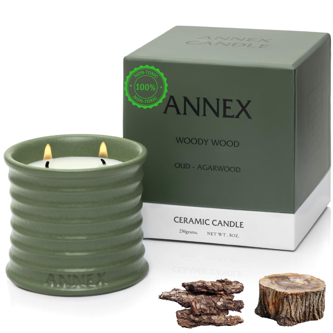 Scented Luxury Candles in Handmade Ceramic Jars, Soy Wax | Woody Wood – Oud & Agarwood, Large Candle | Non Toxic, 2 Wicks, Reusable Big Olive Green Jar | Natural Spring Aromatherapy for Women & Men