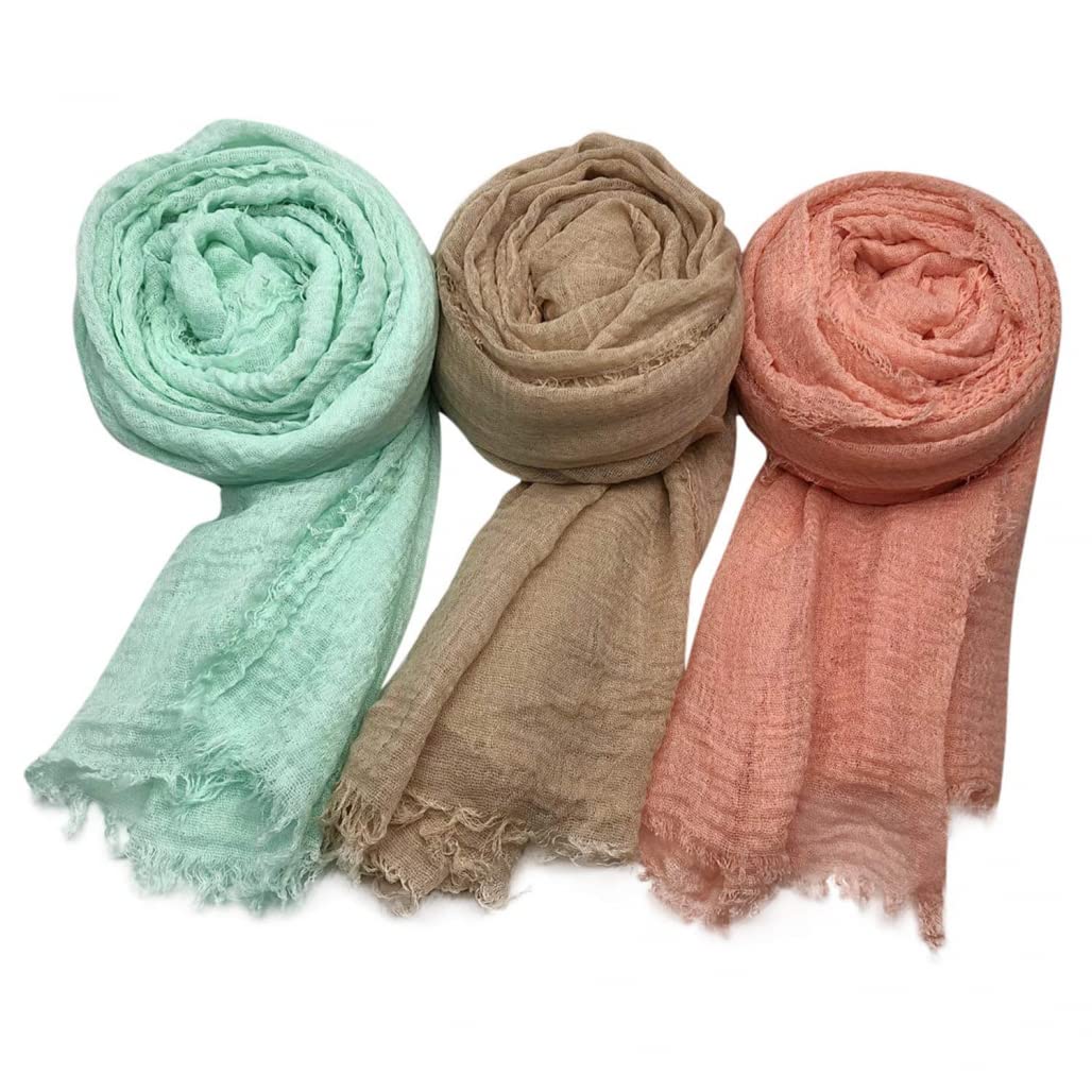 Goodern 3 Pcs Women Scarf Shawl Women Soft Cotton Crinkle Scarf Wrap for All Season Long Scarf Wrap Fringe Shawl in Solid Colors Fashion Big Head Scarf Wraps Hijab for Evening Party Dress Wedding-A