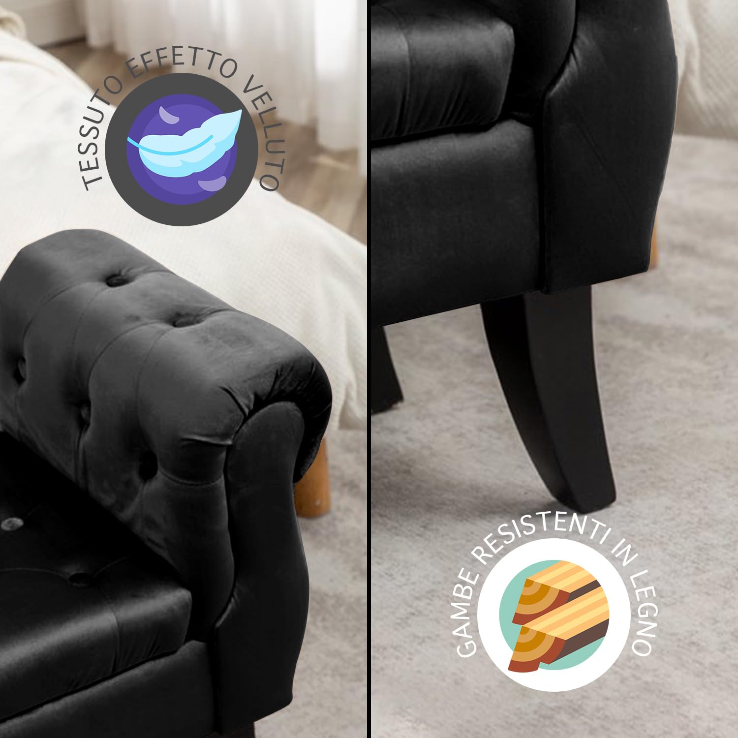 IlGruppone Divanetto in Velluto Panca Contenitore Pouf PortaOggetti Panca Sgabello A Pie di Letto Cassapanca Ingresso Legno Massello Panchina - Nero