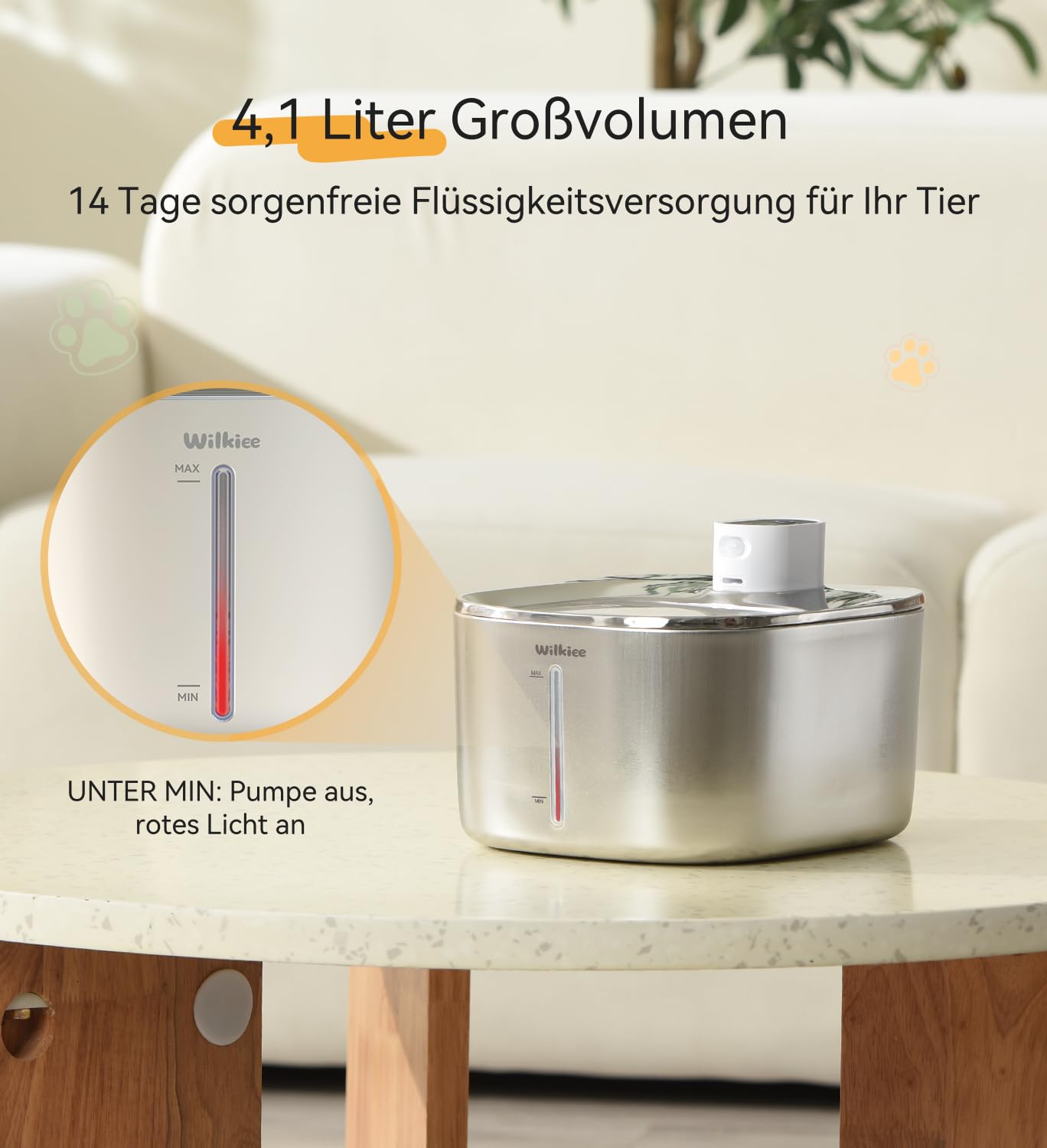 Katzenbrunnen Edelstahl Kabellos 4.1L mit Sensor 3 Modi & 4000mAh | 3 Modi (Sensor/Zeit/Dauer), leise, Filter, für Katzen & kleine Hunde mit 1 Ersatzfilte