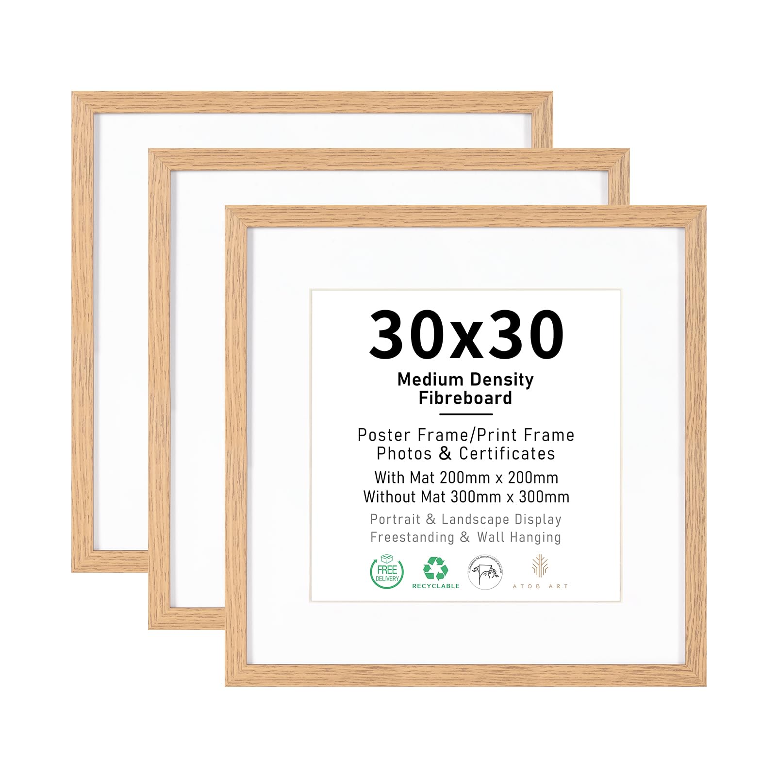 30x30 Picture Frame Set of 3, Display 20x20cm or 30x30cm Images, Natural Wood Photo Frames for Wall Mounting Display