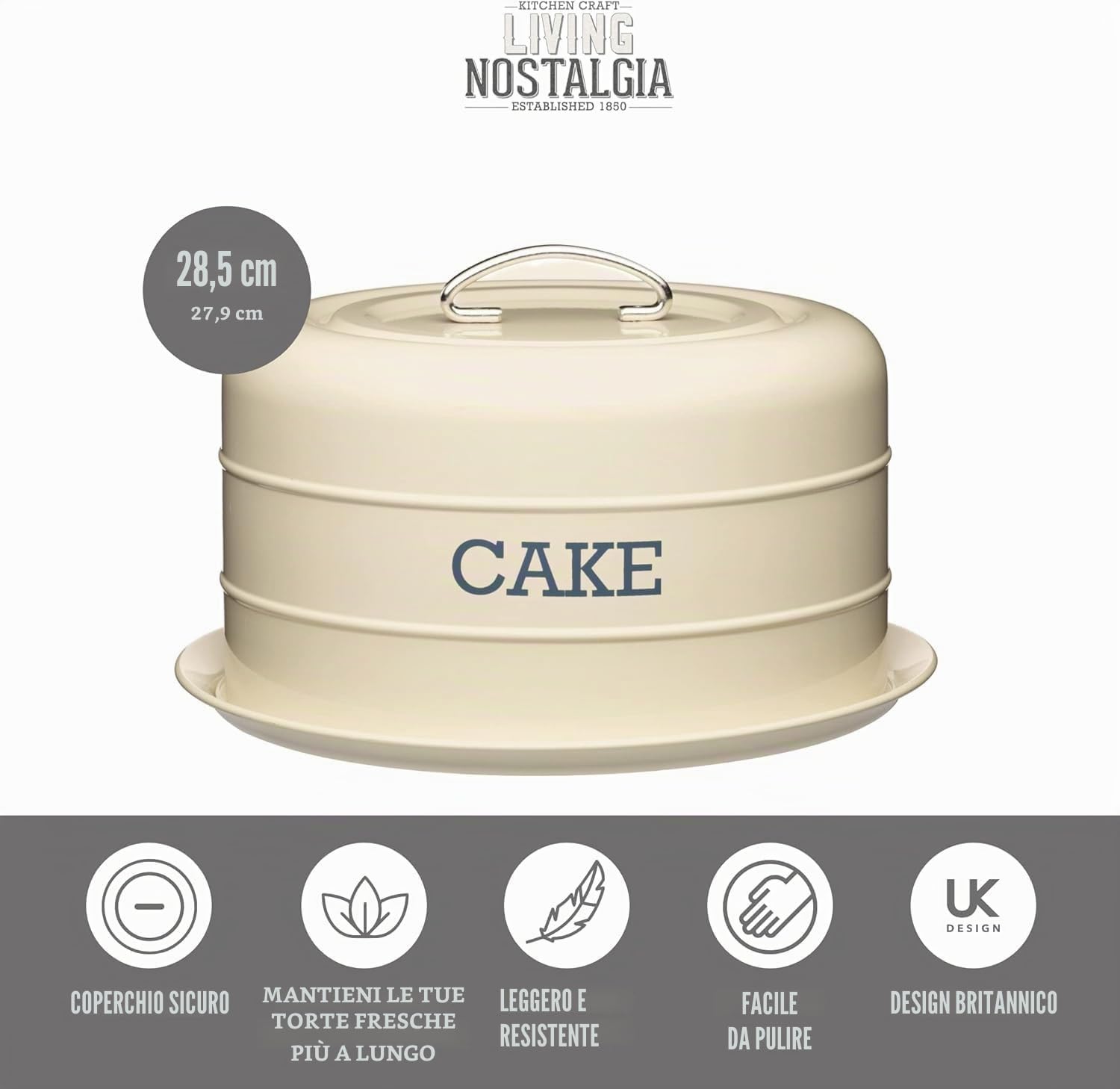 Kitchen Craft Living Nostalgia Tortiera con Coperchio a Cupola, Acciaio Inossidabile, Bianco, 28.5 cm x 18 cm