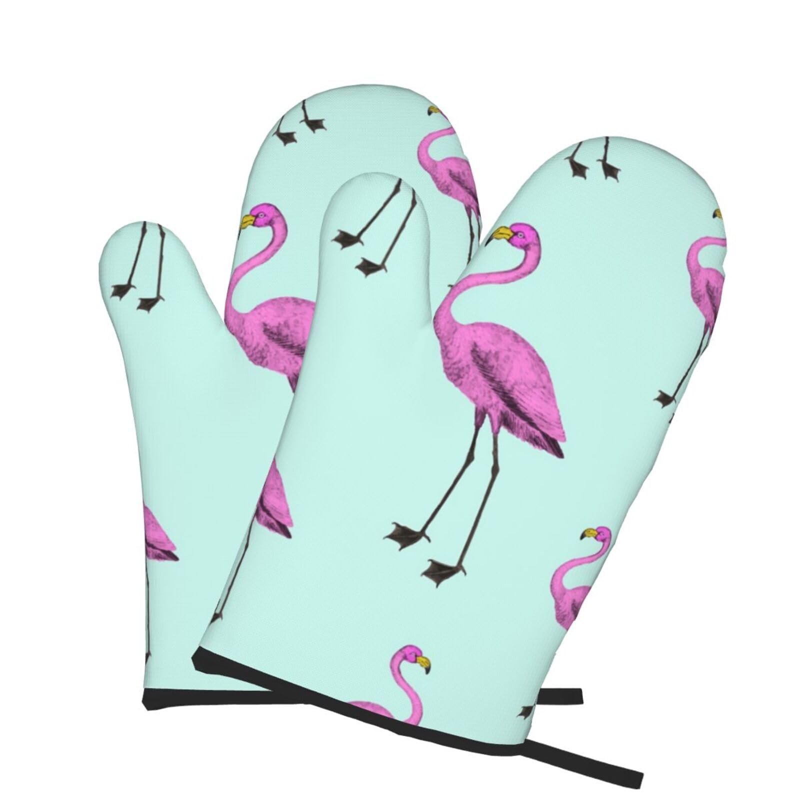 Oven Mitts Set of 2 Pcs, Tropical Flamingo Prints Heat Resistant Kitchen Gloves for Cooking Baking Grilling