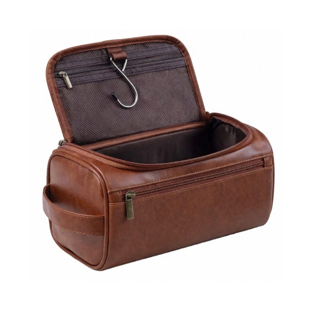 Travel Toiletry Bag PU Leather Cosmetic Organizer Large Capacity Makeup Bag with Hanging Hook Moisture-Proof Storage Case for Men and Women (Brown)-image-17