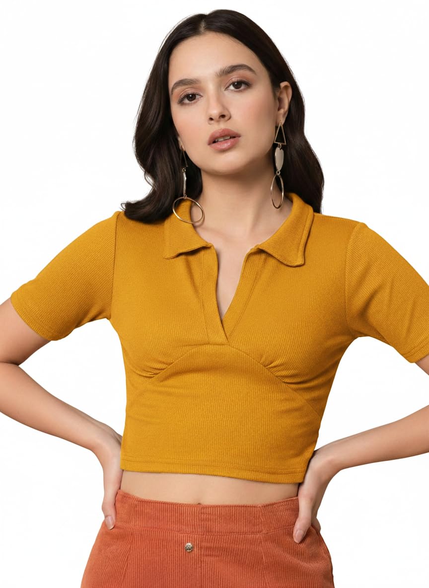 istyle can Women Solid Ribbed Crop Polo Top with V-Neck Collar-picture-43