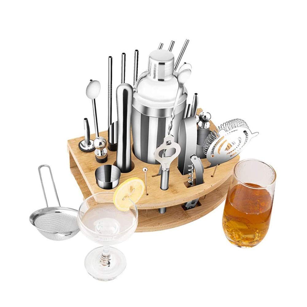 Set de Cocktail Staker Set Bartender Kit, 27pcs Bartender Shaker Set, 304 Acero Inoxidable Martini Shaker and Strainer, Bar Tool Set con Soporte de bambú, para el hogar y el Bar
