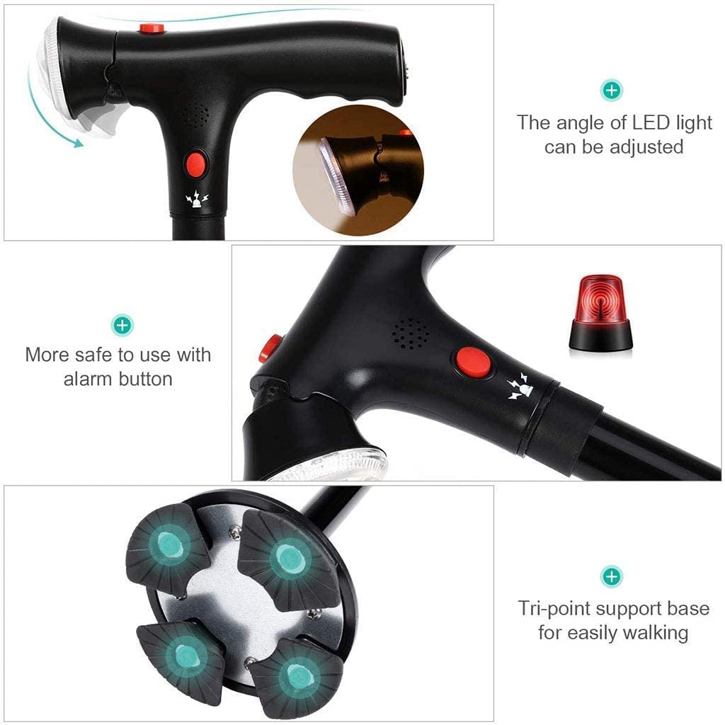 MRKU Bastón para Caminar, bastón Plegable, bastón para Caminar, Antideslizante, bastón médico para Ancianos, Ligero, Multifuncional, Ajustable, de aleación de Aluminio, Andador con luz LED